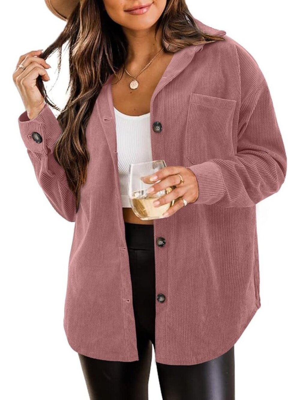 Women's Dirty Pink Oversized Corduroy Long Sleeve Button-down Shacket Jacket